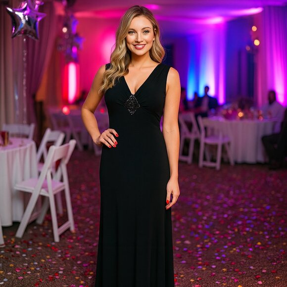 VTG Diamond Center Accent 6 Empire Waist Maxi Black Hi-Low Lined Witchy Dress‎ - Picture 1 of 14